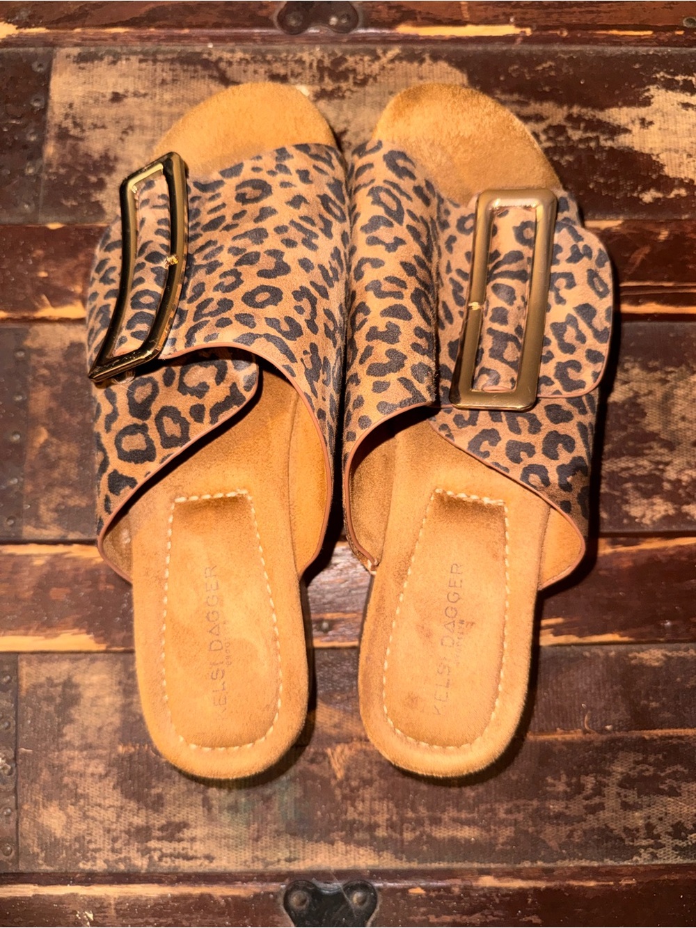 Kelsi Dagger Leopard Print Slide Mules with Gold Buckles